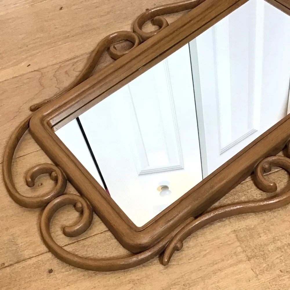 Vintage Homco Syroco Faux Wood Rattan Wall Mirrors Set Pocket Planter Shelf 1981